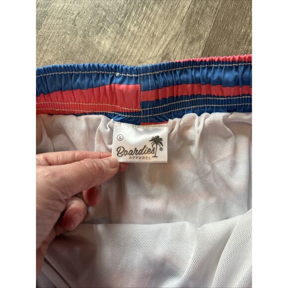 Boardies Mens L Blue Pink Stripe 6" Swim Shorts Elastic Drawstring Waist Pockets - Picture 3 of 10